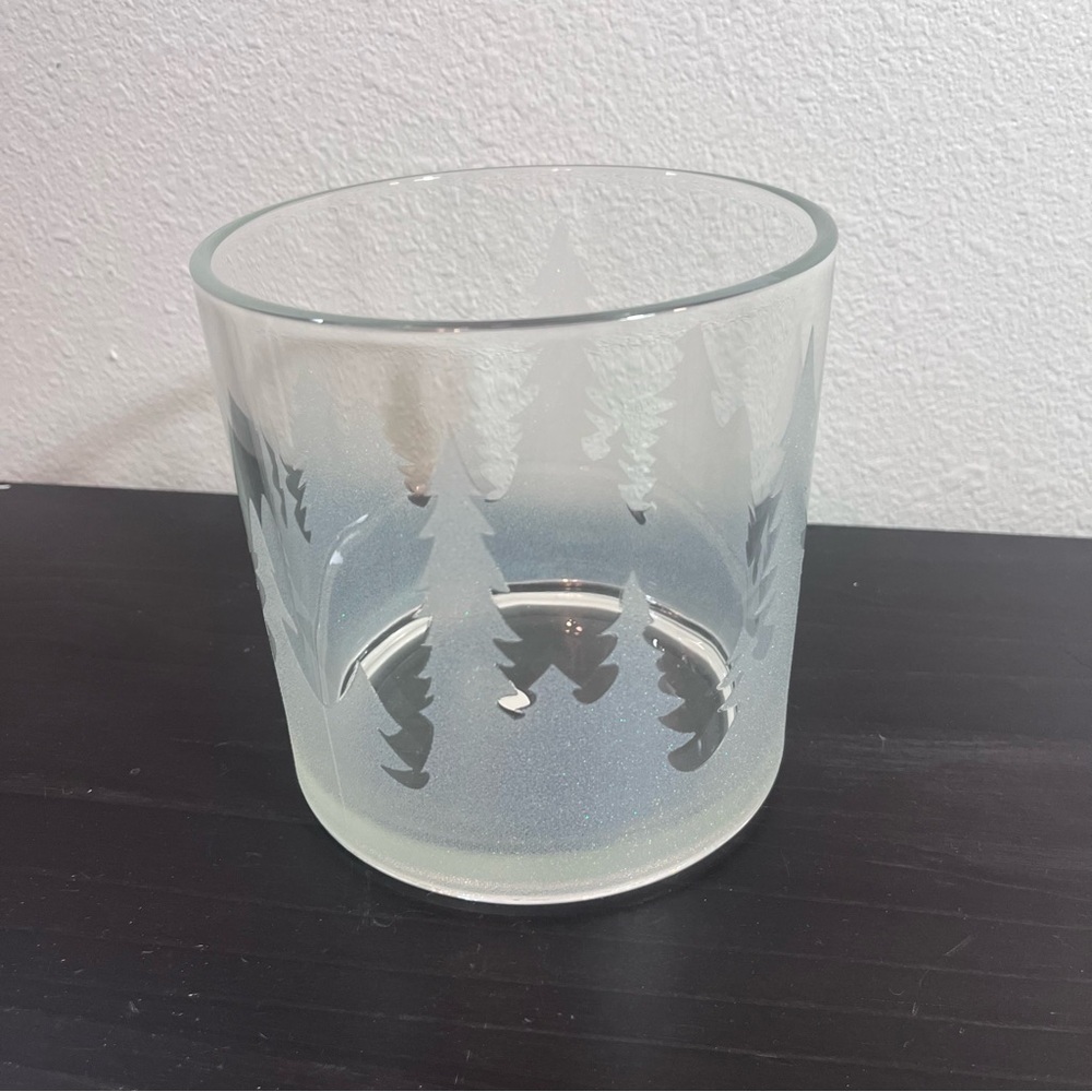 Frosted Pine Forest Glass Cylinder Vase - 5.5" Christmas Candle Holder brand new